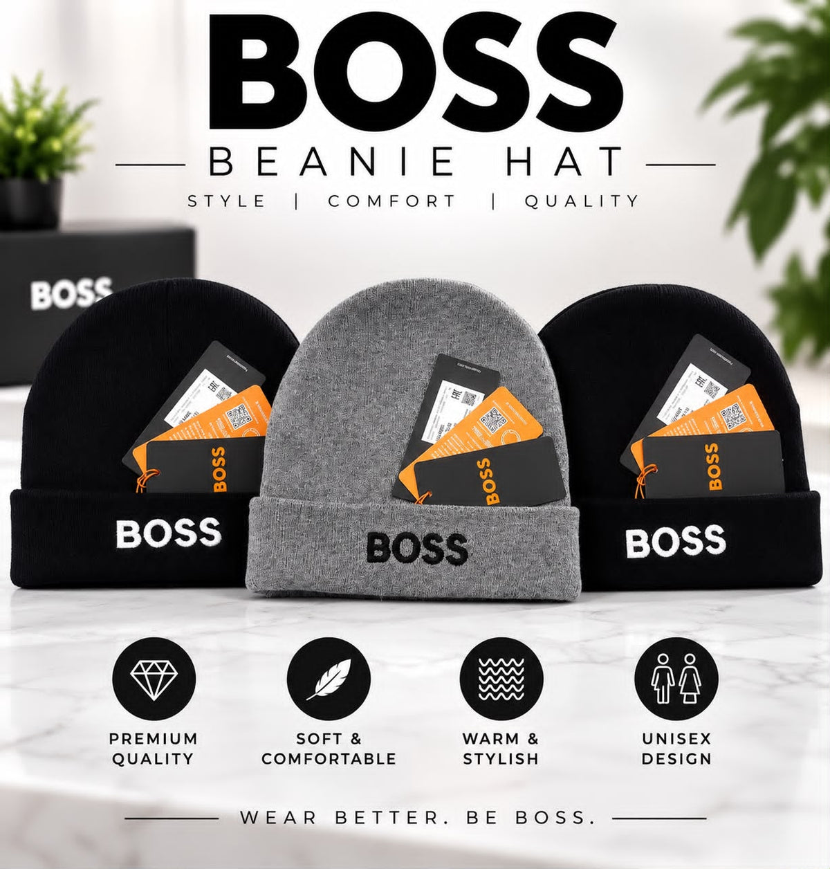 BOSS BEANIE HAT 1 SIZE FIT FOR ALL
